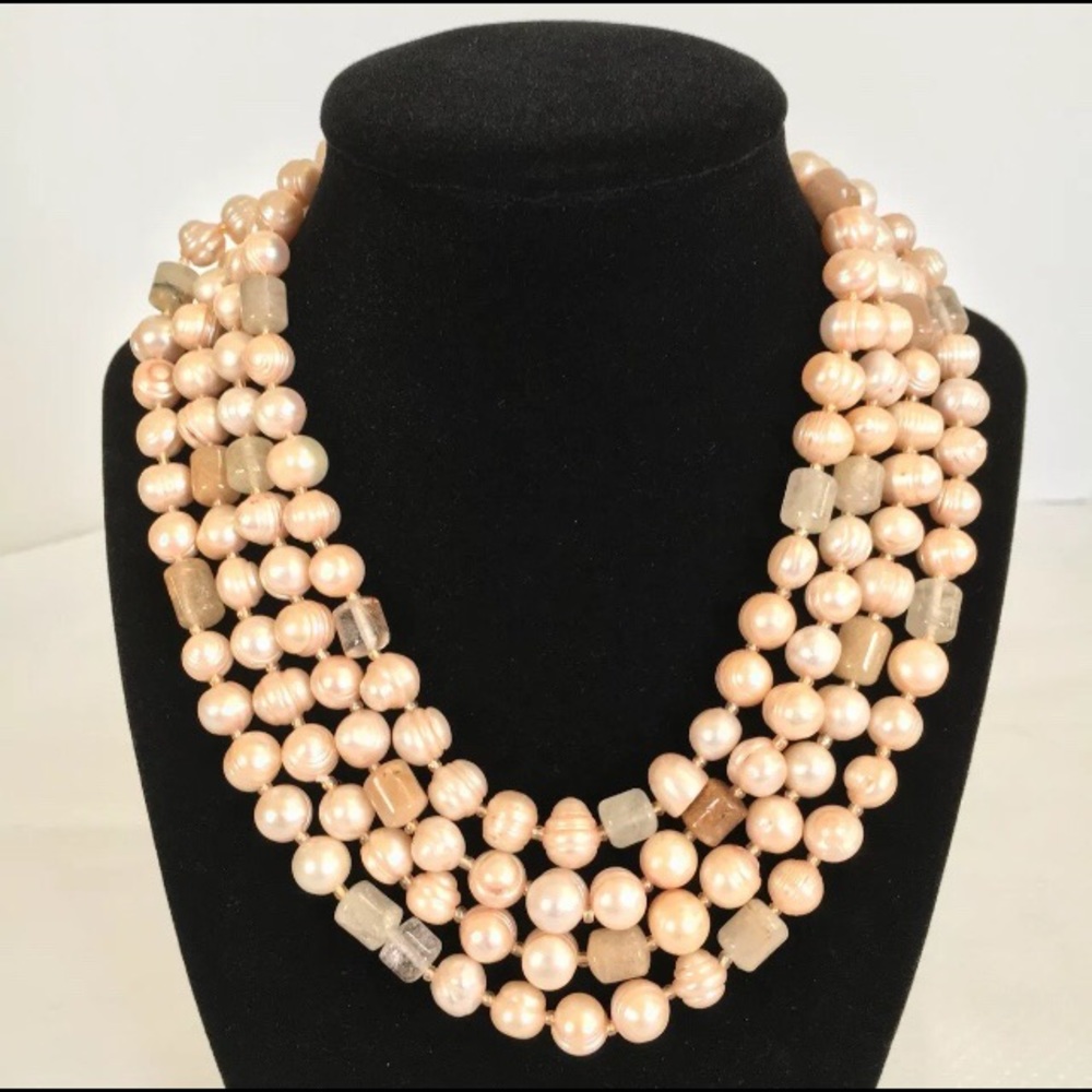 70" Long Cultured Pearl & Stones Necklace